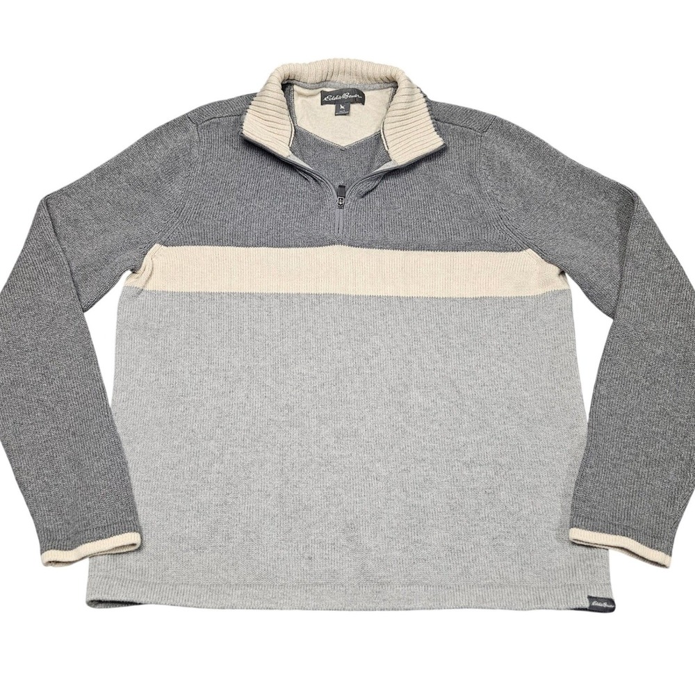 Vintage Eddie Bauer 1/4 Zip Sweater Mens L Gray Colorblock Pullover Y2K Retro